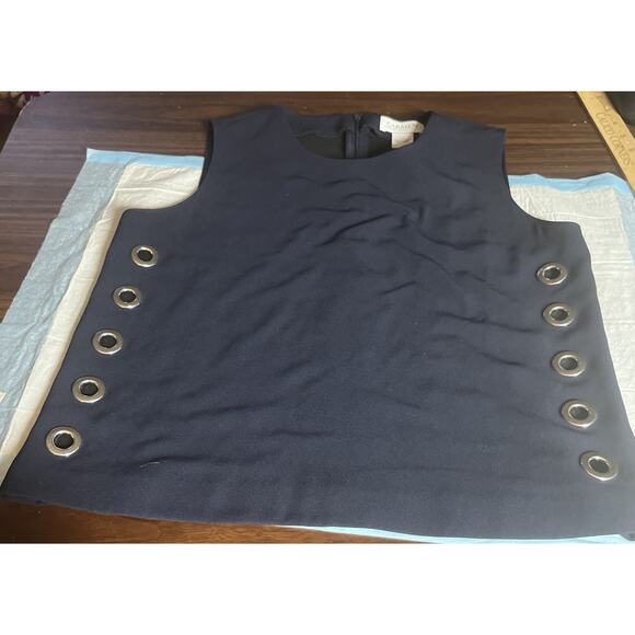 CARMEN MARC VALVO WOMEN'S Dark Blue SLEEVELESS TOP XS Zip Back,Silver Grommets - Picture 5 of 16